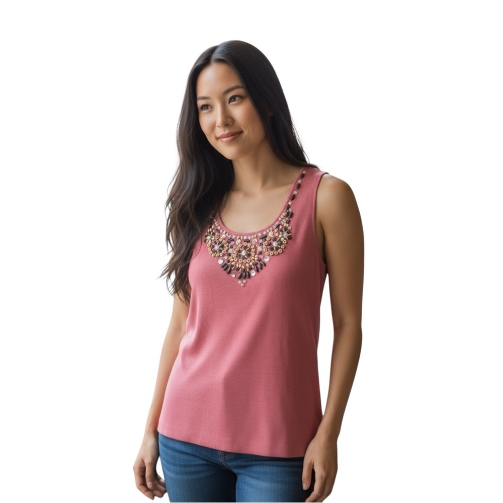 Ruby Rd Marrakech Beaded Sleeveless‎ Top, Color Strwbry, Size XL